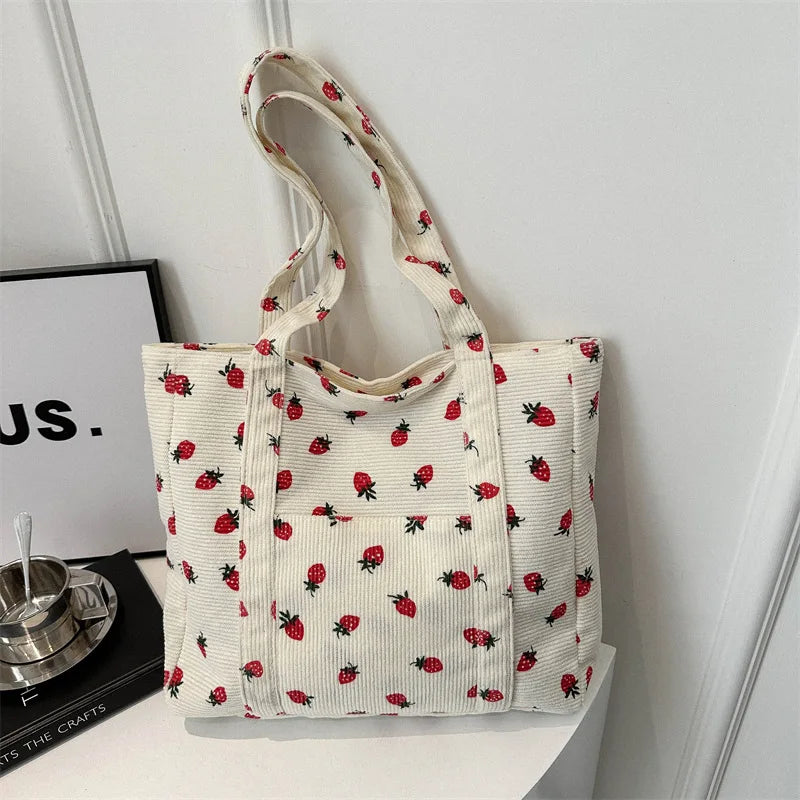 Corduroy Handbag Strawberries Beach Bag Fashionable 2025