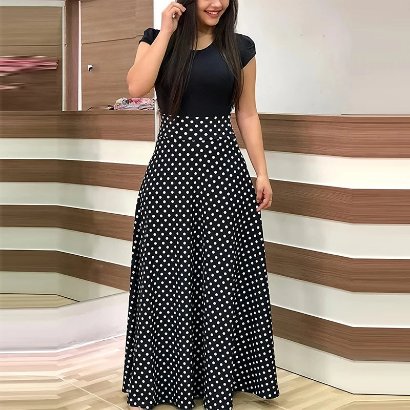 Printed Splicing Crew Neck Dress Elegant Short Sleeve Slim