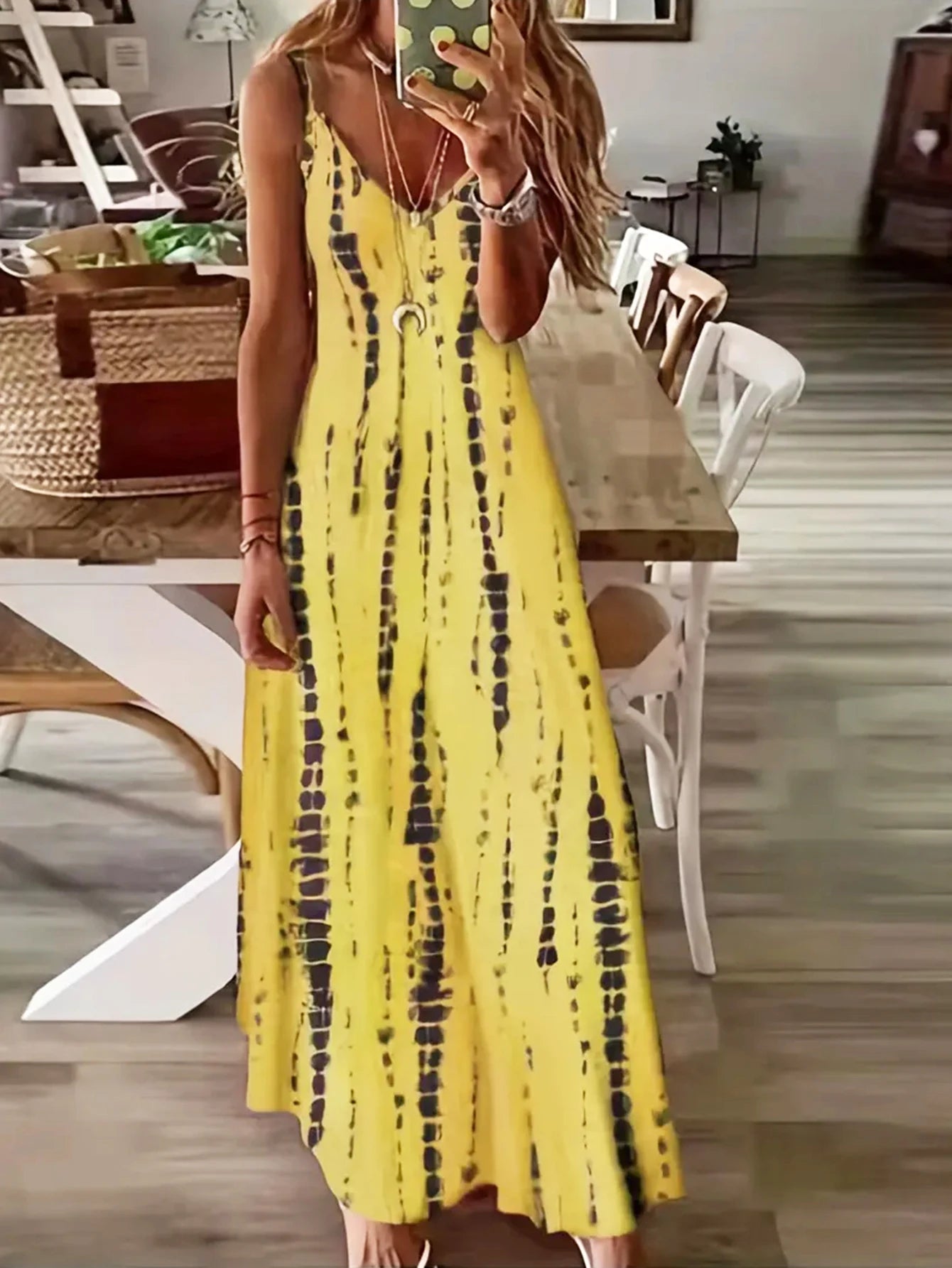 Women's Casual Loose V-neck Tie Dye Printed Spaghetti Maxi Dress Summer 2025