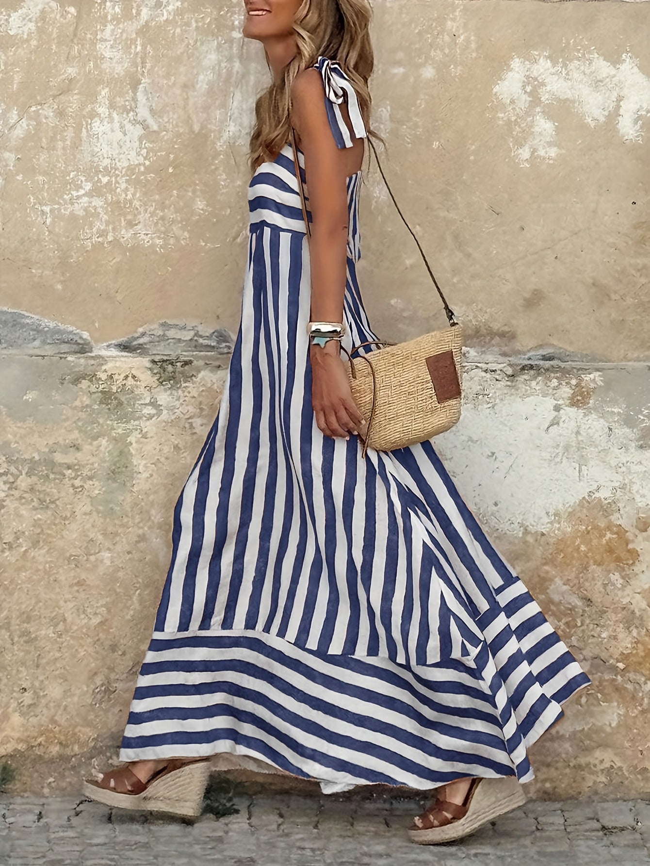 Women'S Stylish Striped Off-Shoulder Beach Dress with Tie-Back