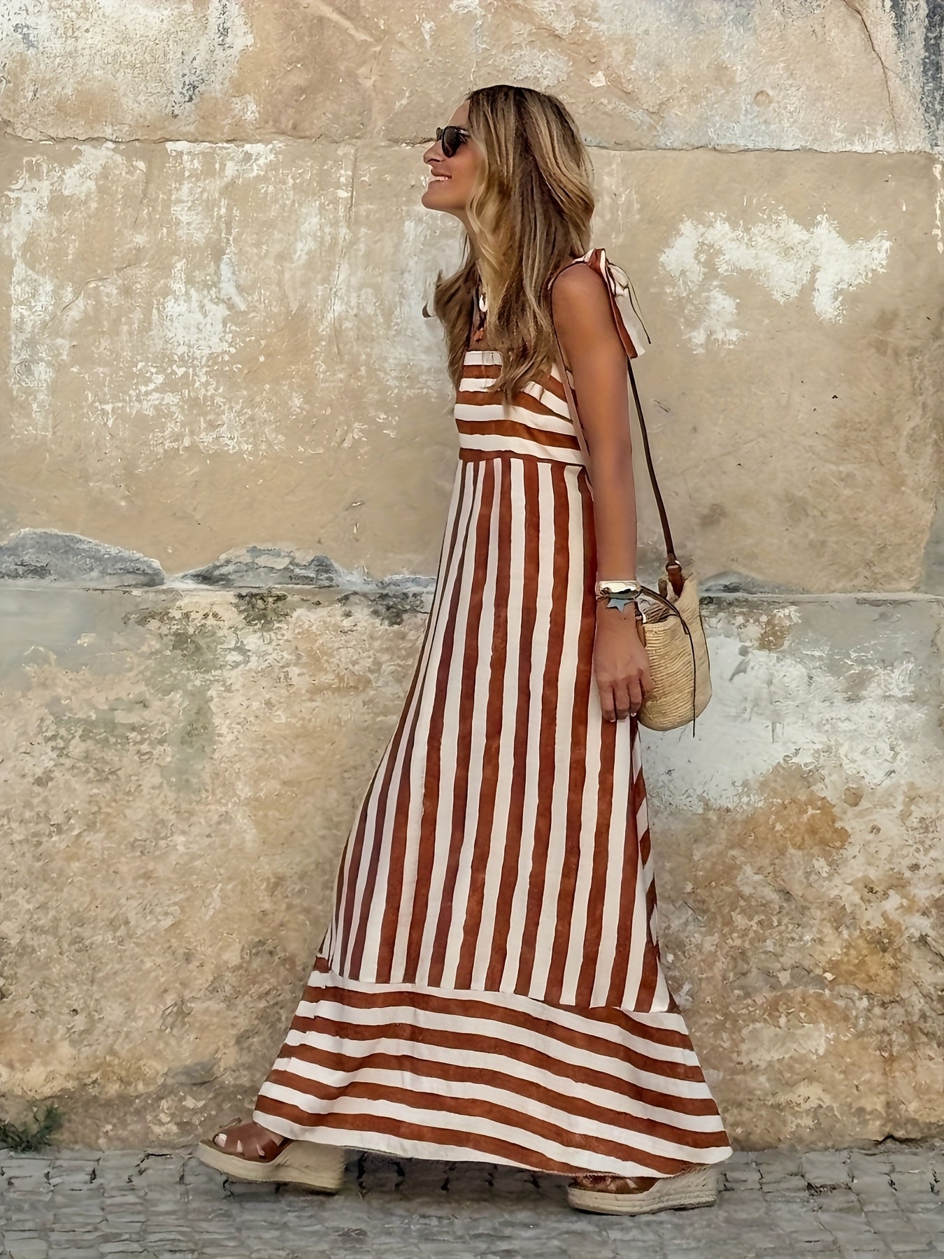 Women'S Stylish Striped Off-Shoulder Beach Dress with Tie-Back